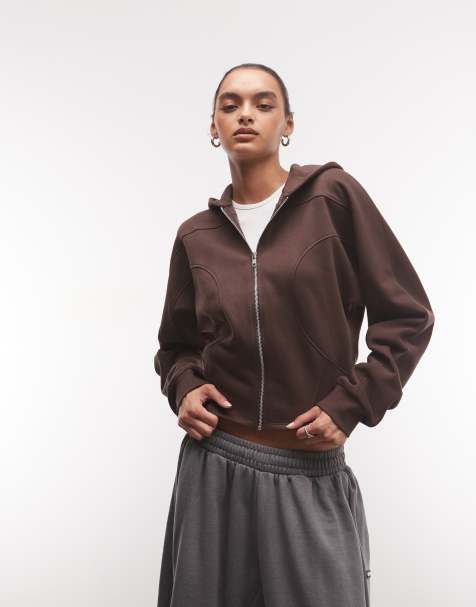 ASOS DESIGN figursydd panelsydd huvtröja med dragkedja i brun - view 1