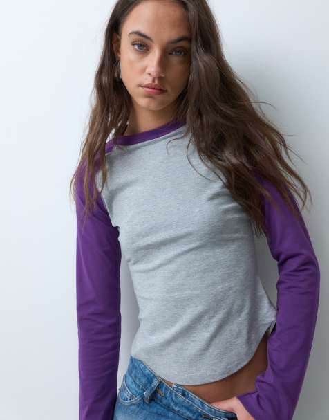 ASOS DESIGN figursydd raglan-t-shirt med långa ärmar i grått och plommon - view 1