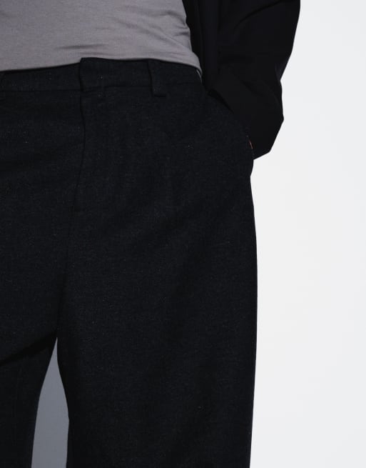 ASOS DESIGN figursydda barrel-leg-byxor med ull i svart fiskbensmönster, 2 av 5