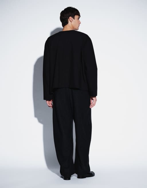ASOS DESIGN figursydda barrel-leg-byxor med ull i svart fiskbensmönster, 3 av 5
