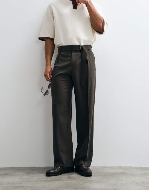 ASOS DESIGN figursydda byxor med bälte och vida ben i olivgrönt, 3 av 5