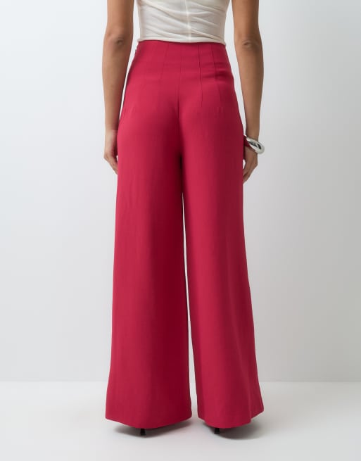 ASOS DESIGN figursydda palazzobyxor med hög midja och korsettdetalj i hallonröd, 5 av 5