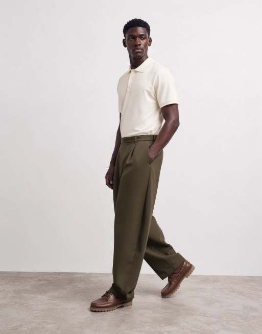 ASOS DESIGN figursydda veckade vida barrel-byxor i khaki, 8 av 10