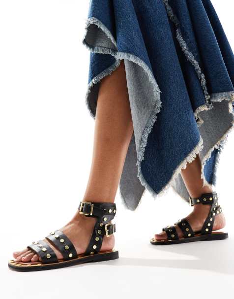 ASOS DESIGN Fiji leather studded flat sandals in black - view 1