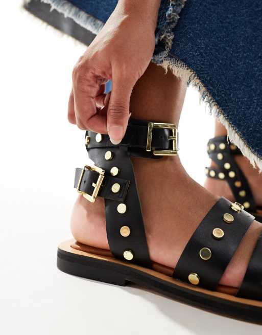 ASOS DESIGN Fiji leather studded flat sandals in black