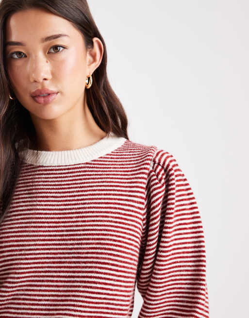 ASOS DESIGN - Fijn gestreepte trui met pofmouwen in rood en crème, 2 van 4
