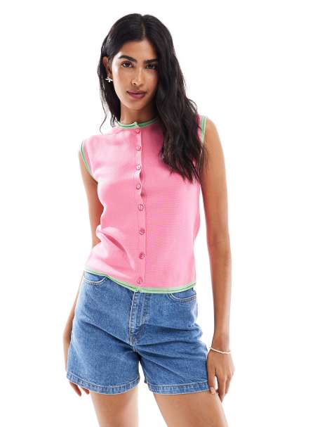 ASOS DESIGN - Fijngebreid gilet in roze en groen - view 1