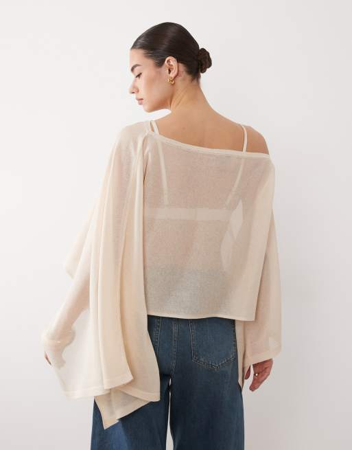 ASOS DESIGN - Fijngebreide doorschijnende poncho in ecru, 4 van 4