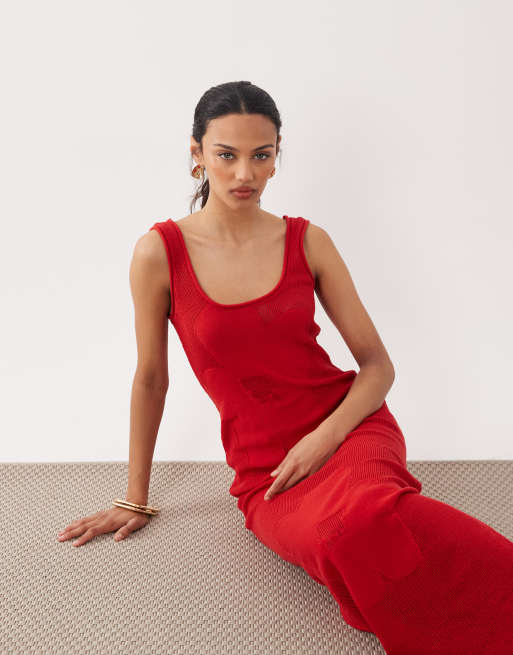 ASOS DESIGN - Fijngebreide maxi jurk met bloemenprint in rood, 2 van 4