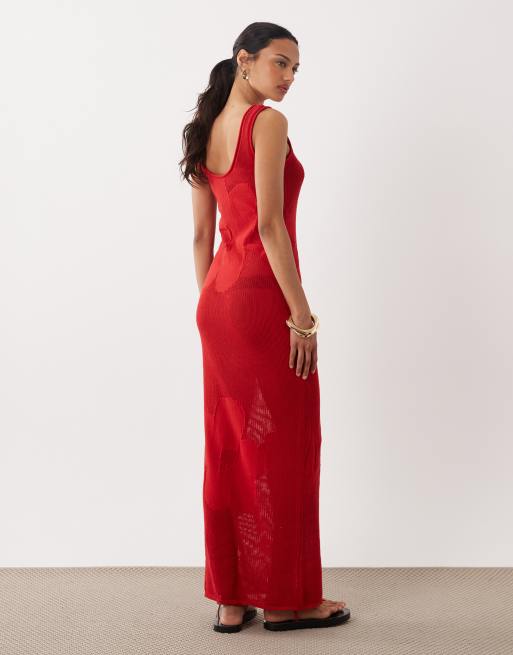 ASOS DESIGN - Fijngebreide maxi jurk met bloemenprint in rood, 4 van 4