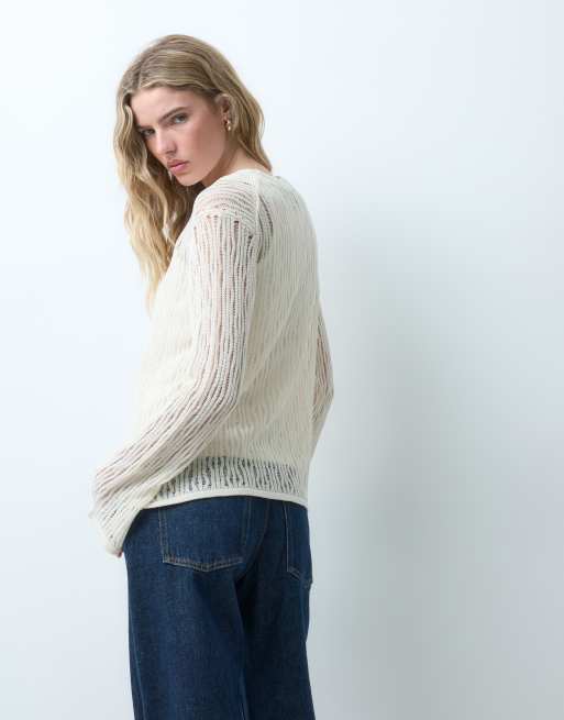 ASOS DESIGN fijngebreide pointelle trui in ecru, 3 van 4