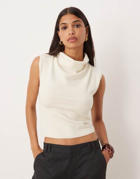 ASOS DESIGN - Fijngebreide tanktop met gedrapeerde halslijn in ecru - view 1