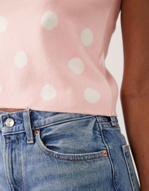 ASOS DESIGN - Fijngebreide top met rechte hals in roze met stippen, 2 van 4