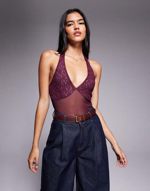 ASOS DESIGN – Fikonfärgad body i spets och mesh med halterneck