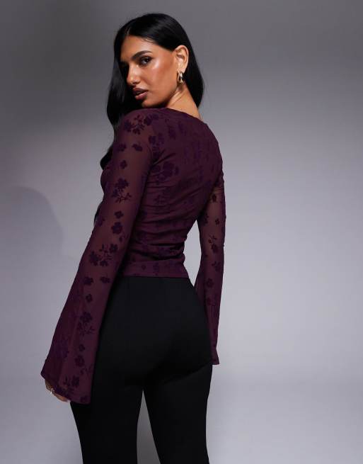 ASOS DESIGN – Fikonfärgad topp i mesh med utsvängda ärmar och flockade detaljer, 4 av 4