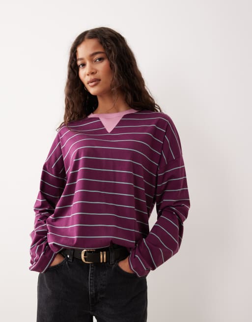 ASOS DESIGN – Fikonlila, randig topp med rund halsringning, långa ärmar och kontrastfärgat sprund vid halsen