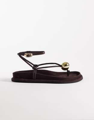  Filippa braided toe thong sandal with ball detail in chocolate suedette