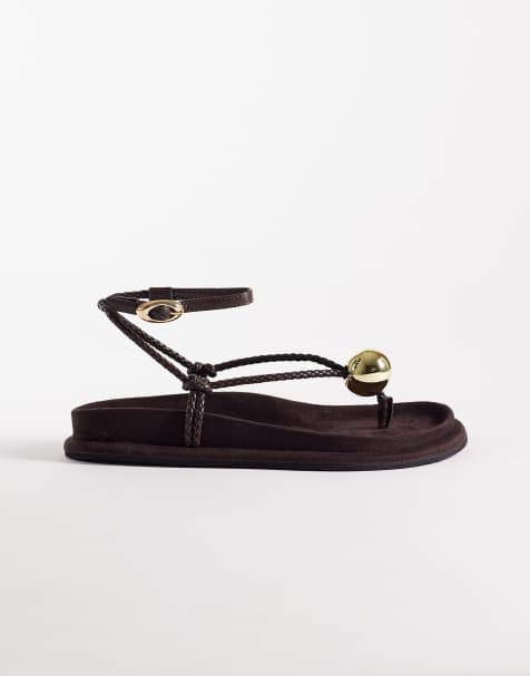 ASOS DESIGN Filippa braided toe thong sandals with ball detail in chocolate suedette - view 1