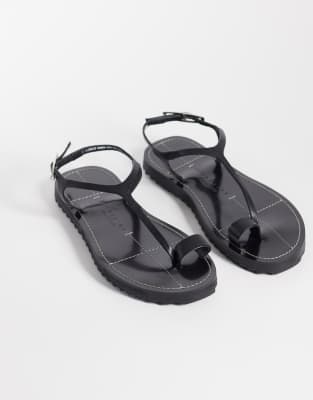 Filomena - Hochwertige Ledersandalen in Schwarz mit schmaler Zehenschlaufe und Überwendlingsstich Schwarz 41