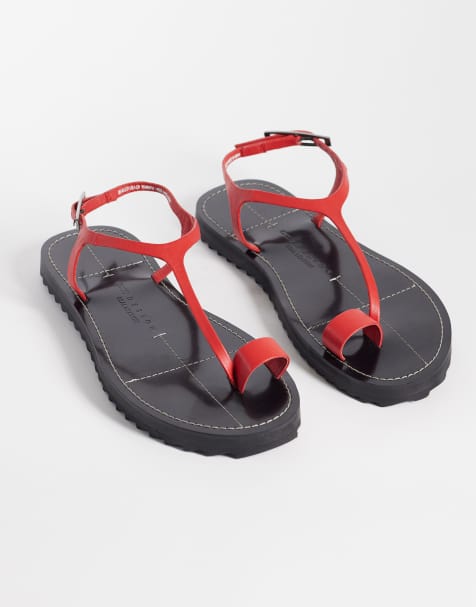 ASOS DESIGN Filomena premium whipstitch skinny toe loop sandal in red leather - view 1