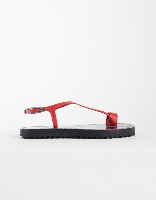 ASOS DESIGN Filomena premium whipstitch skinny toe loop sandal in red leather, 2 of 4