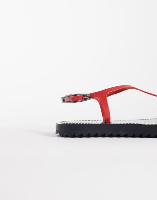 ASOS DESIGN Filomena premium whipstitch skinny toe loop sandal in red leather, 4 of 4