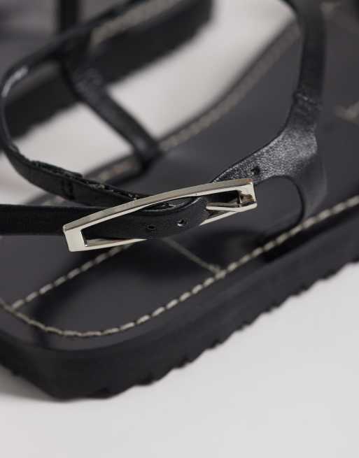 ASOS DESIGN Filomena premium whipstitch skinny toe loop sandals in black leather, 3 of 4