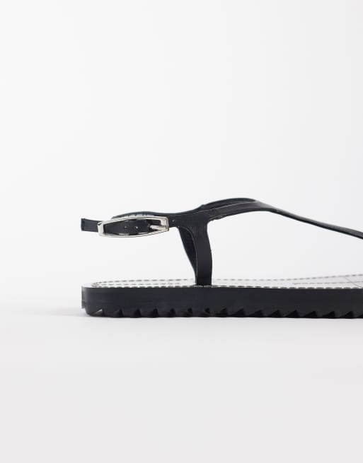 ASOS DESIGN Filomena premium whipstitch skinny toe loop sandals in black leather, 4 of 4