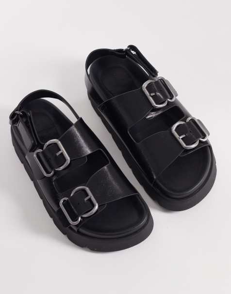 ASOS DESIGN Filter chunky footbed sandal with double buckle in black - view 1