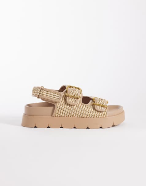 ASOS DESIGN Filter chunky footbed sandals with double buckle in natural raffia - view 1