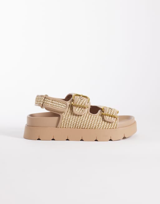 ASOS DESIGN Filter chunky footbed sandals with double buckle in natural raffia