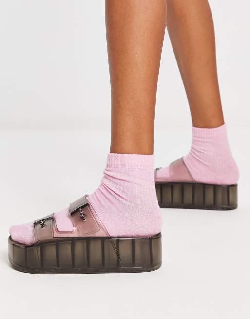 ASOS DESIGN Finale buckle platform flat sandals in black - BLACK
