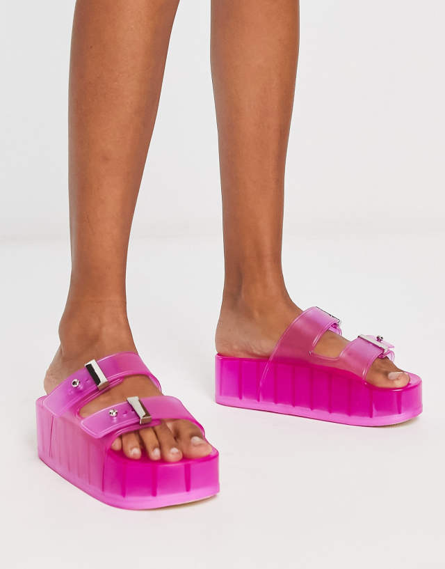 ASOS DESIGN Finale buckle platform flat sandals in pink - PINK