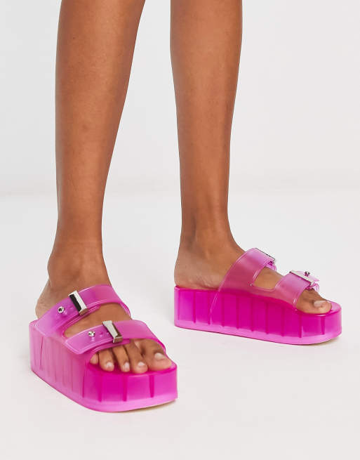 ASOS DESIGN Finale buckle platform flat sandals in pink ASOS