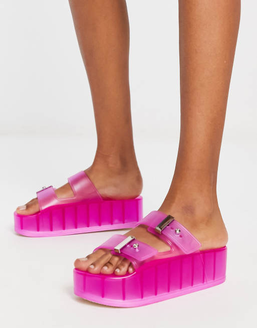 ASOS DESIGN Finale buckle platform flat sandals in pink