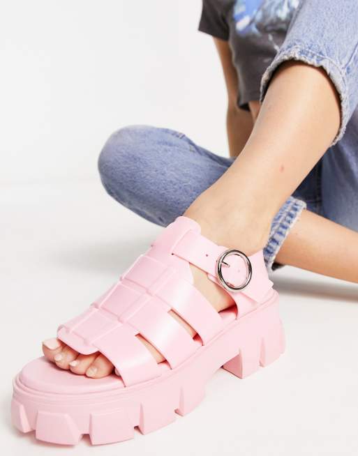 ASOS DESIGN Finalist Flache Jelly Fischersandalen in Rosa mit dicker Sohle ASOS