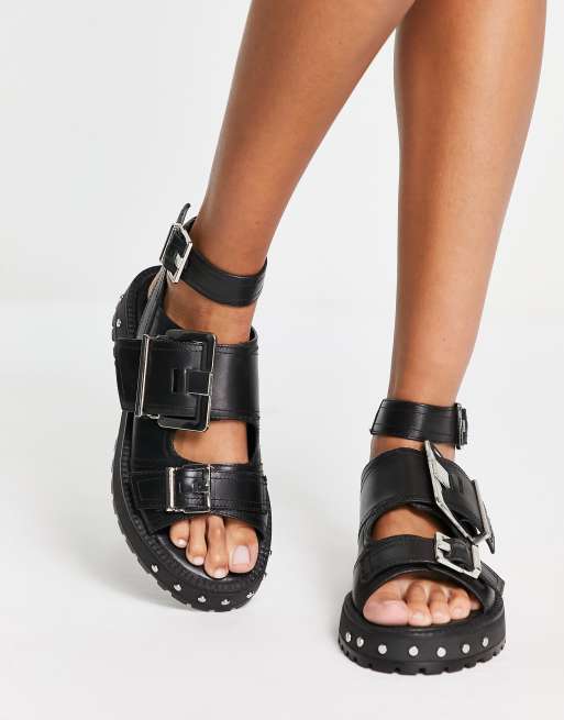 ASOS DESIGN Finchley premium leather chunky flat sandals with buckles in  black