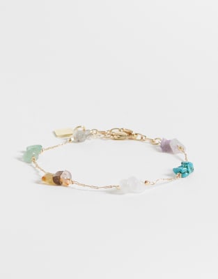 Asos Design Fine Chain Bracelet With Multi-colored Semi-precious Chippings In Gold