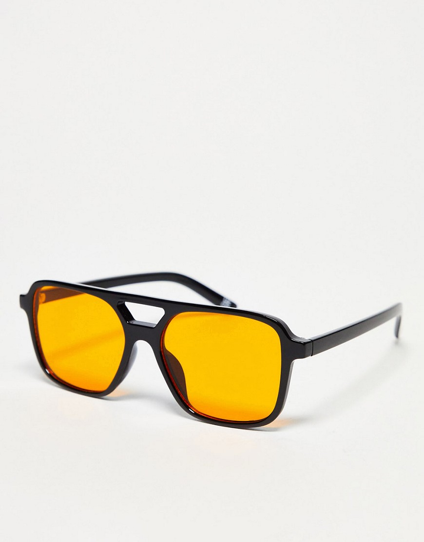 Asos Design Aviator Fashion Glasses In Black With Orange Lens In Brown