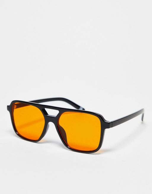  ASOS DESIGN fine frame aviator fashion glasses with orange lens 