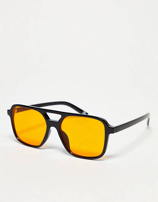 ASOS DESIGN fine frame aviator fashion glasses with orange lenses 
