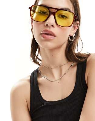 Shop Asos Design Fine Frame Aviator Fashion Glasses With Yellow Lens-brown