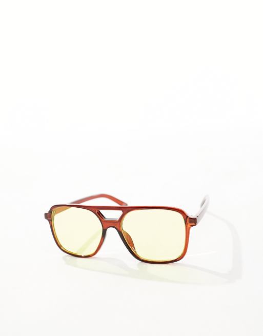 ASOS DESIGN fine frame aviator fashion glasses with yellow lens