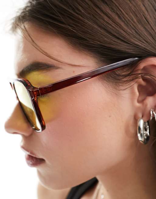 ASOS DESIGN fine frame aviator fashion glasses with yellow lens, 4 of 4