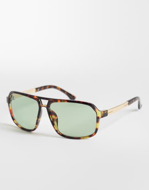ASOS DESIGN fine frame aviators with curved lens in tort with green lens - view 1