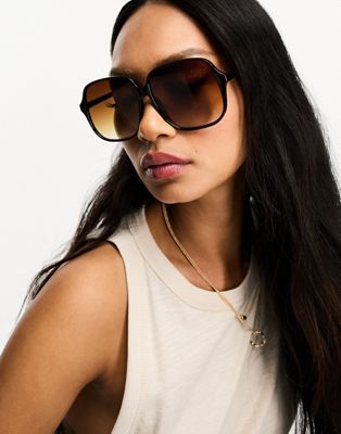 ASOS DESIGN fine frame oversized 70s sunglasses in black with brown lens
