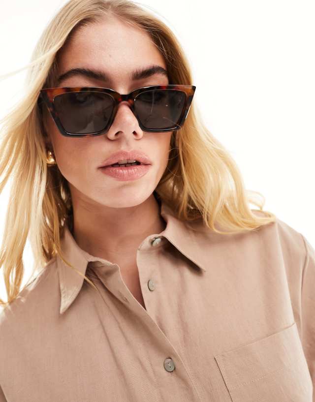 ASOS DESIGN - fine frame square cat eye sunglasses in tort