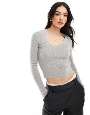 Asos Design Fine Gauge Scoop Neck Sweater In Rib In White In Gray