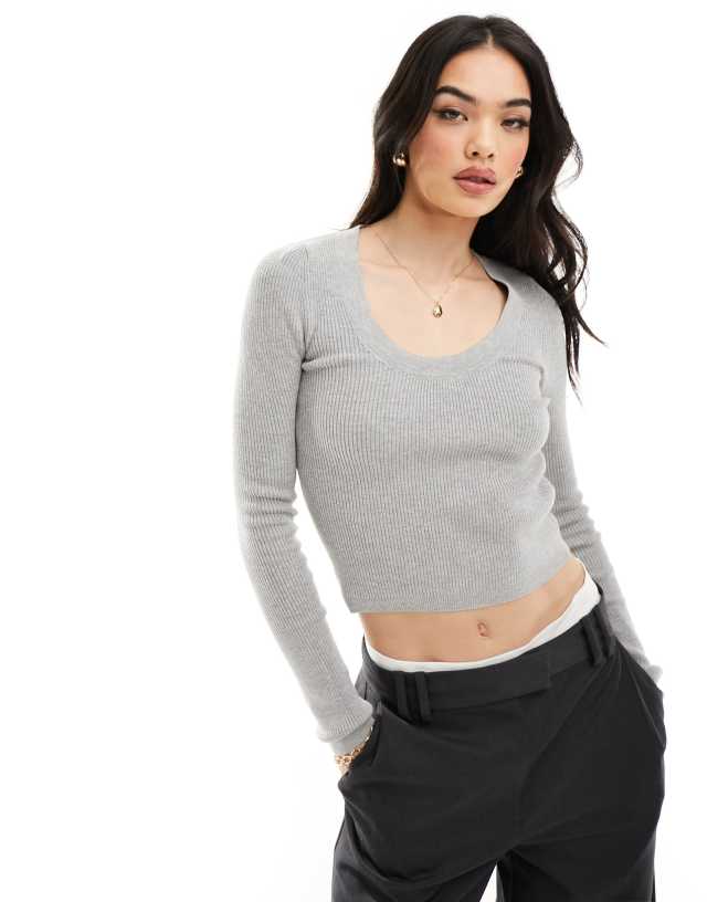 ASOS DESIGN - fine gauge scoop neck jumper in rib in grey