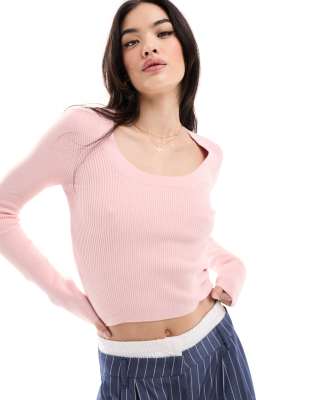 Asos Design Fine Gauge Scoop Neck Sweater In Rib In Pink